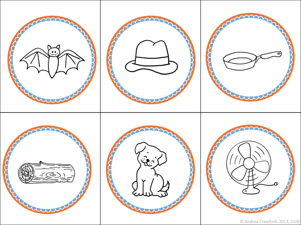 Rhyming picture cards from the orange-and-blue set: bat, hat, pan, log, dog, and fan for matching pairs