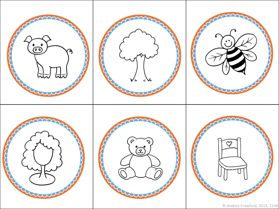 Rhyming picture cards from the orange-and-blue set: pig, tree, bee, wig, bear, and chair for matching pairs
