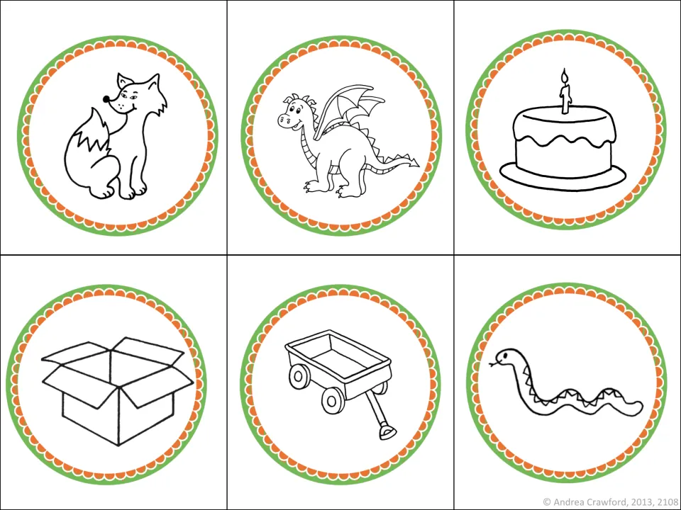 Rhyming picture cards from the green-and-orange set: fox, dragon, cake, box, wagon, and snake for matching