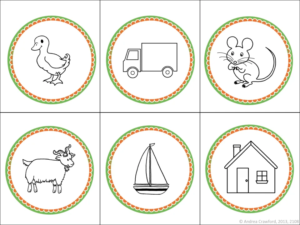 Rhyming picture cards from the green-and-orange set: duck, truck, mouse, goat, boat, and house for matching