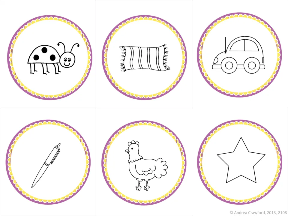 Rhyming picture cards from the purple-and-yellow set: bug, rug, car, pen, hen, and star for matching pairs