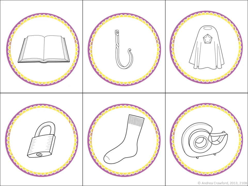 Rhyming picture cards from the purple-and-yellow set: book, hook, cape, lock, sock, and tape for matching