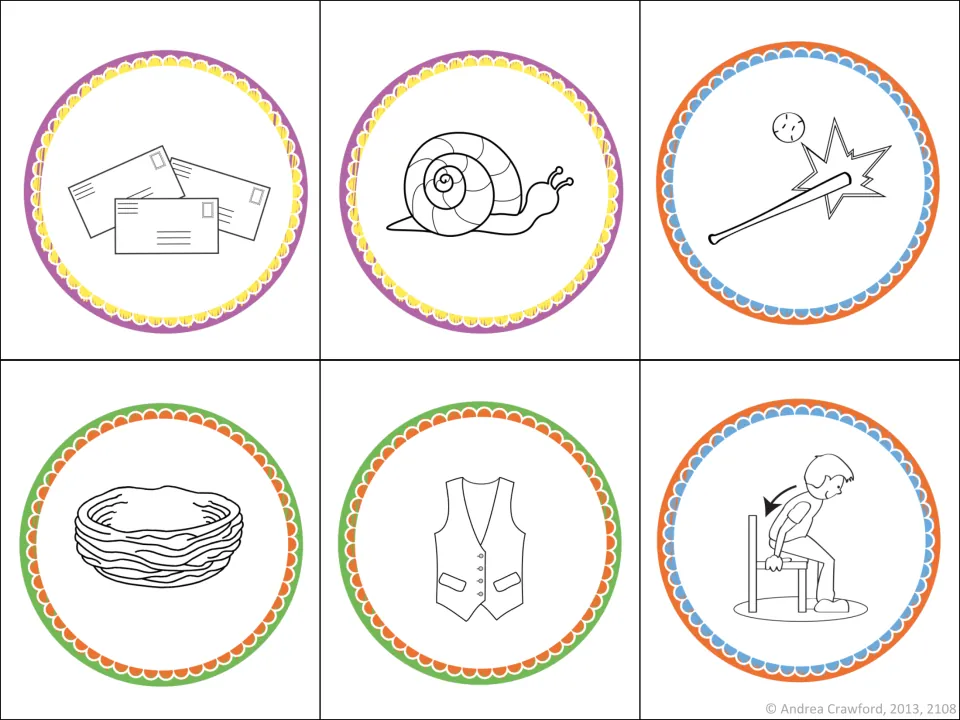 Final rhyming picture cards add one pair to each color-coded set: mail-snail, hit-sit, and nest-vest