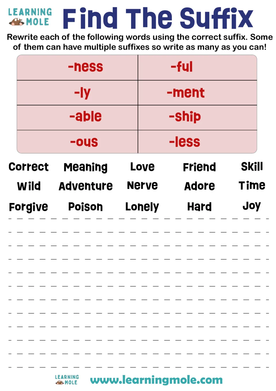 Adding suffixes: students rewrite 15 base words like joy, friend and nerve with -ness, -ful, -ly, -ment, -less and more