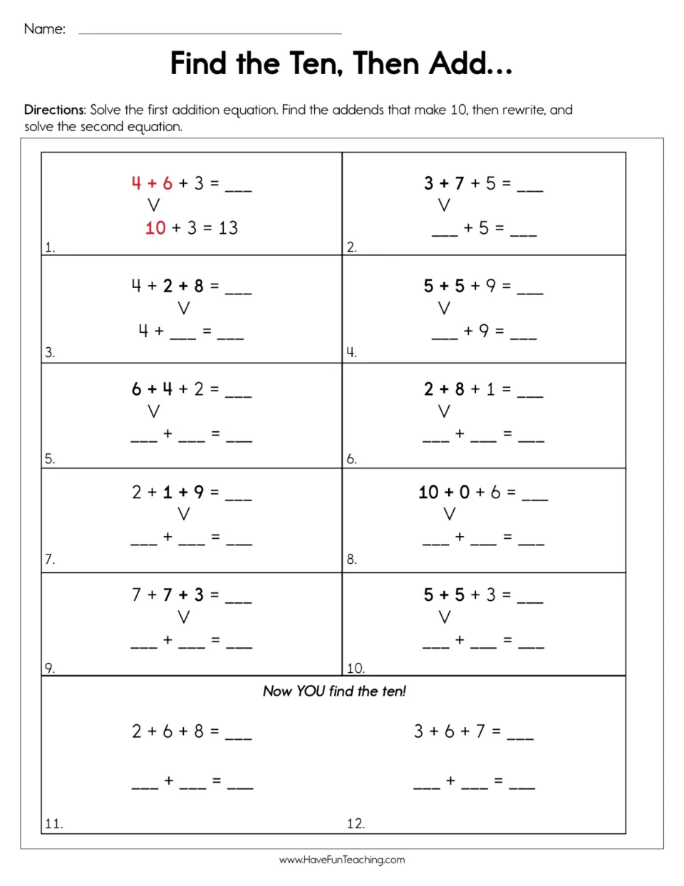 Addition practice: 12 problems combine three addends by finding a pair that makes 10, including 4 + 6 + 3
