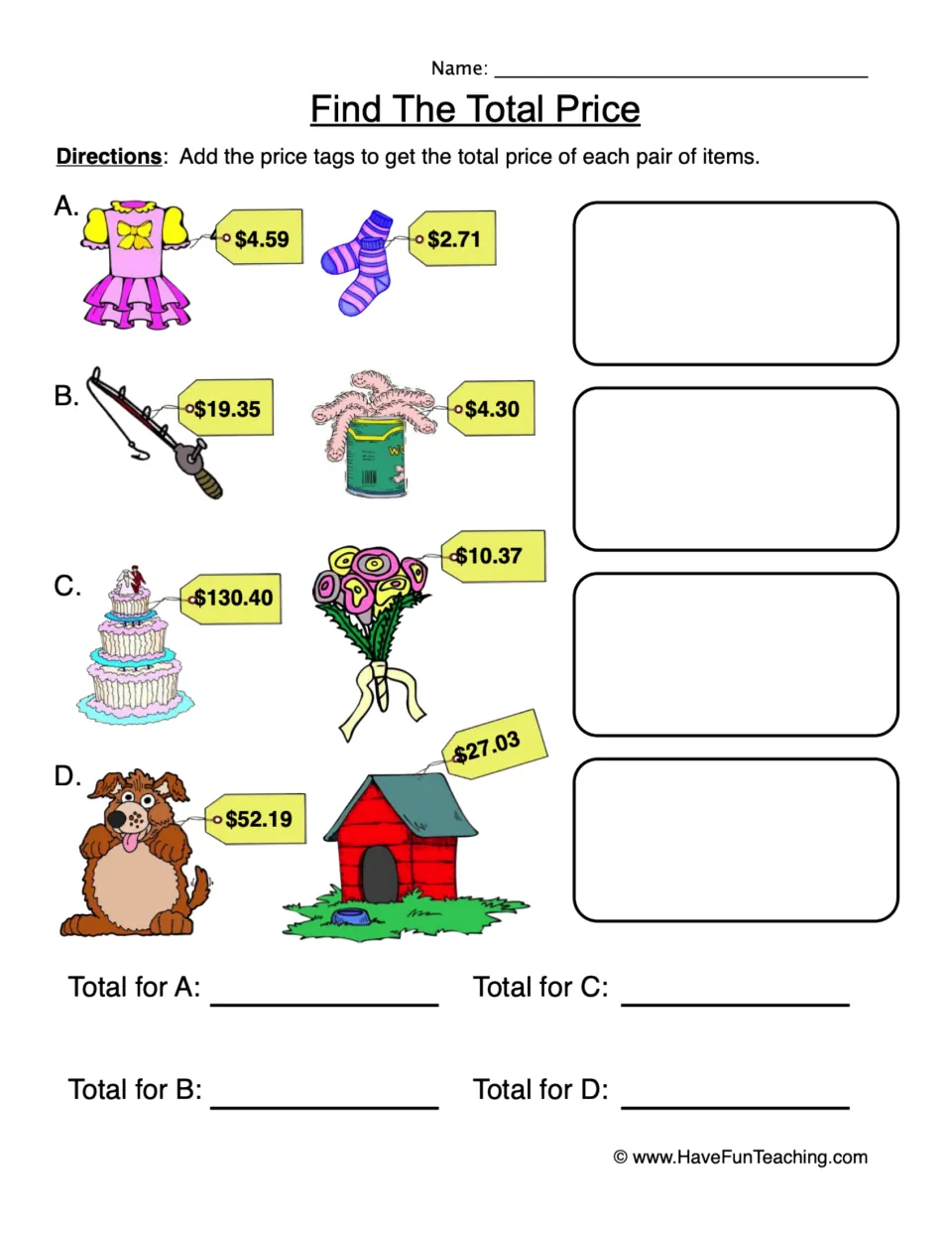 Adding decimal money amounts: students add two price tags per pair, like a dress and socks, to total four item pairs