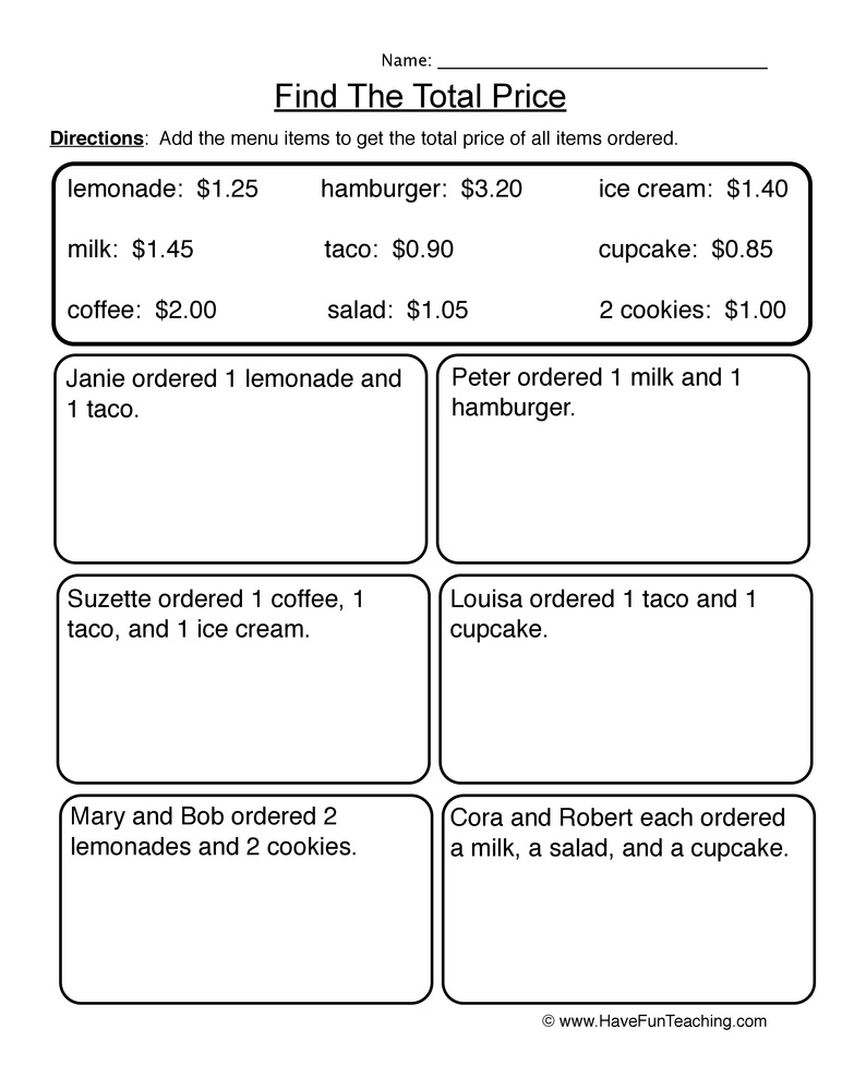 Find The Total Price Worksheet By Teach Simple