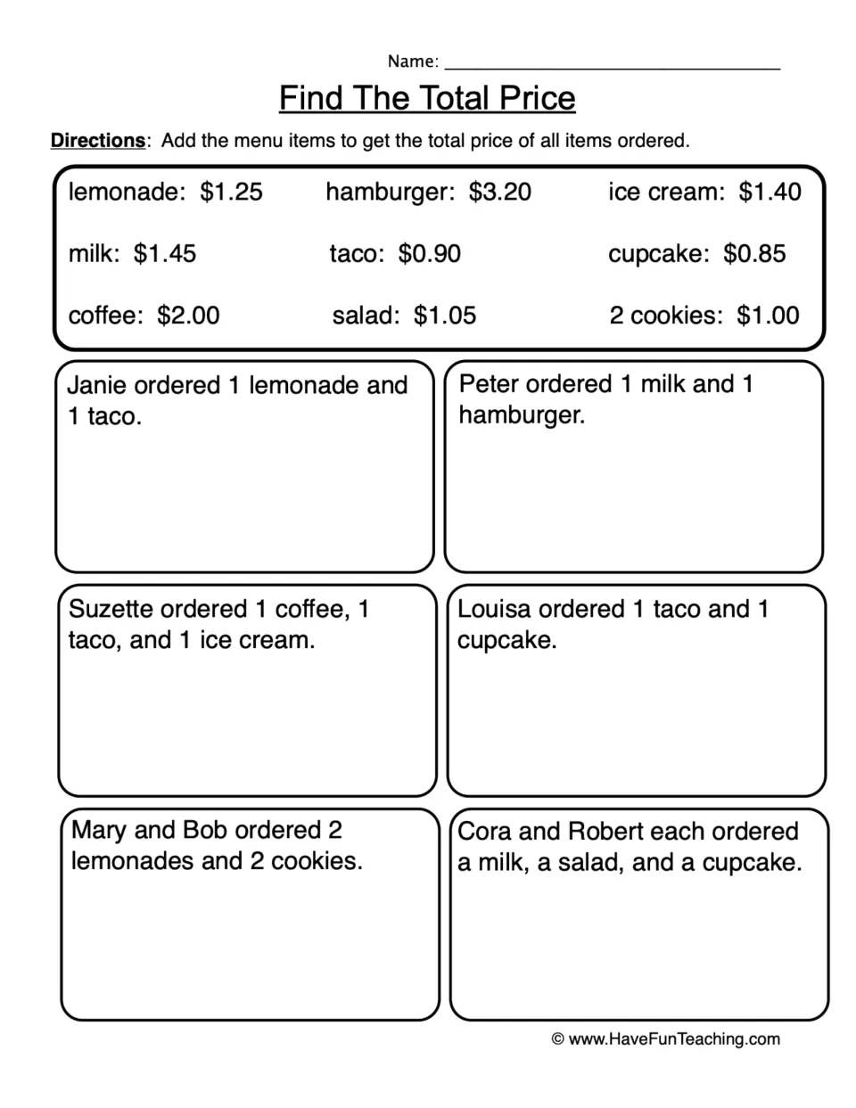 Adding money: students use a menu of nine priced foods and drinks to total six orders, like 1 lemonade and 1 taco