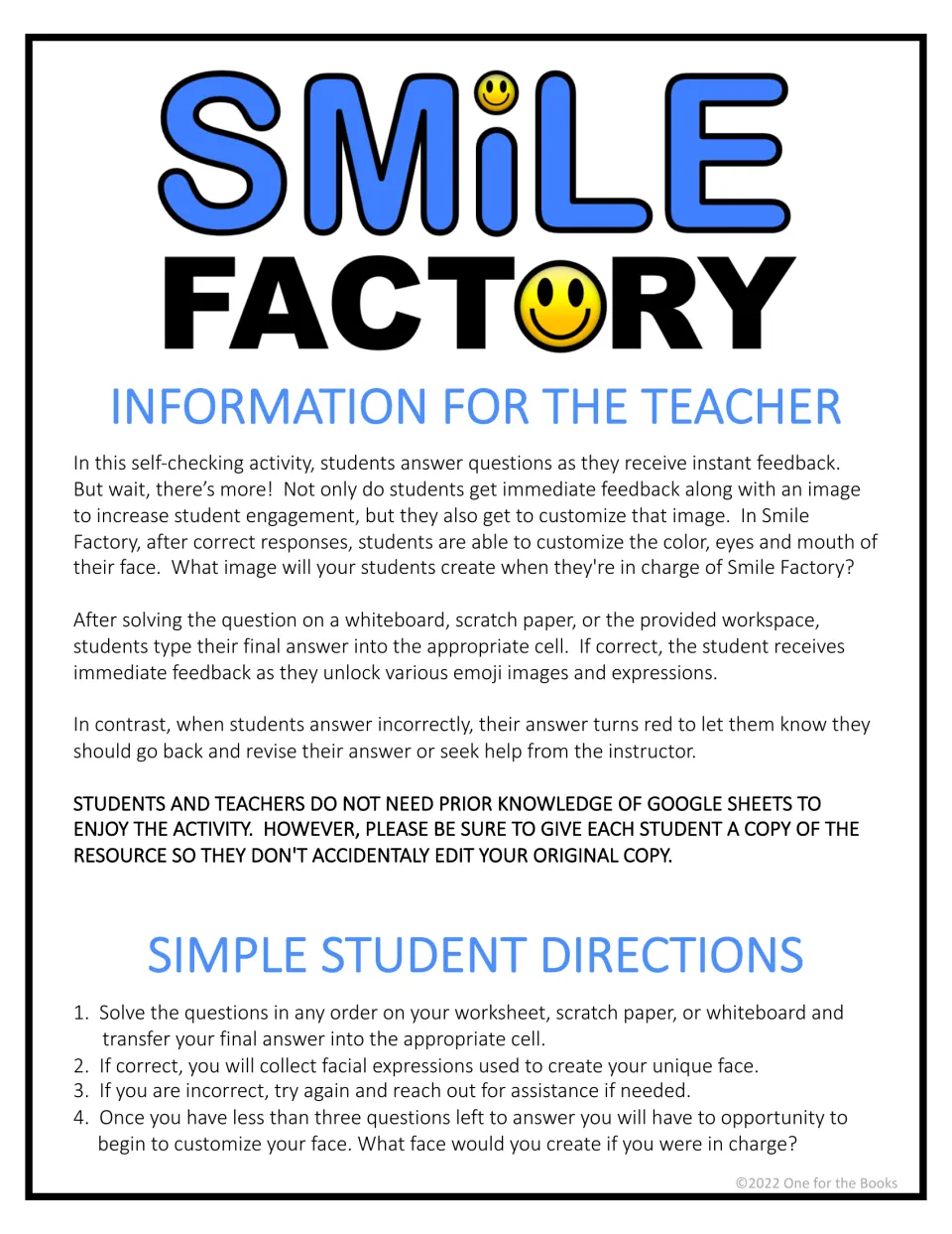 Teacher and student directions for the Google Sheets activity: enter answers, get feedback, and customize a face.