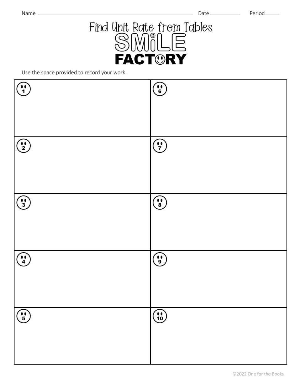 Recording sheet for Find Unit Rate from Tables, with workspace to show work for questions 1–10.