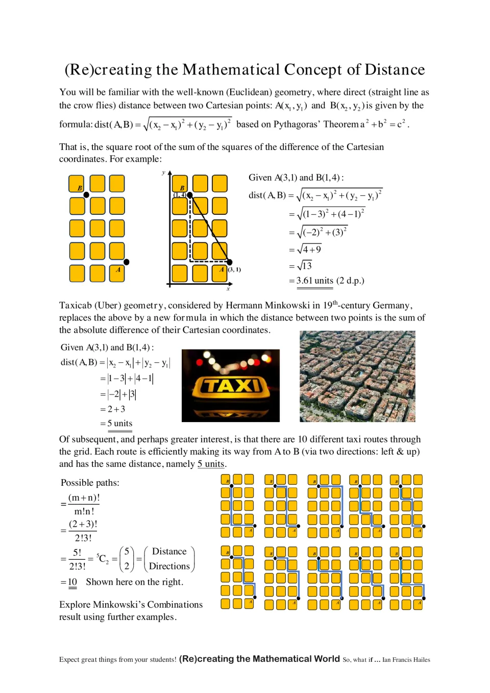 Euclidean vs taxicab distance: students compare worked A(3,1) to B(1,4) results of 3.61 and 5 units, then 10 taxi routes