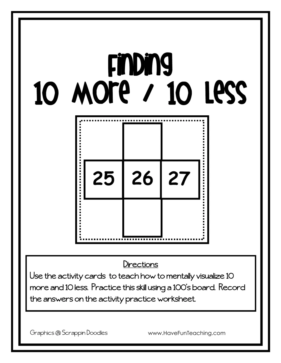 Finding 10 More / 10 Less cover showing a 25, 26, 27 number card and directions to use activity cards with a 100's board