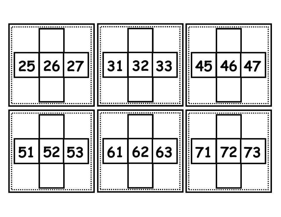 10 more and 10 less activity cards: students fill the blank top and bottom boxes around 26, 32, 46, 52, 62 and 72