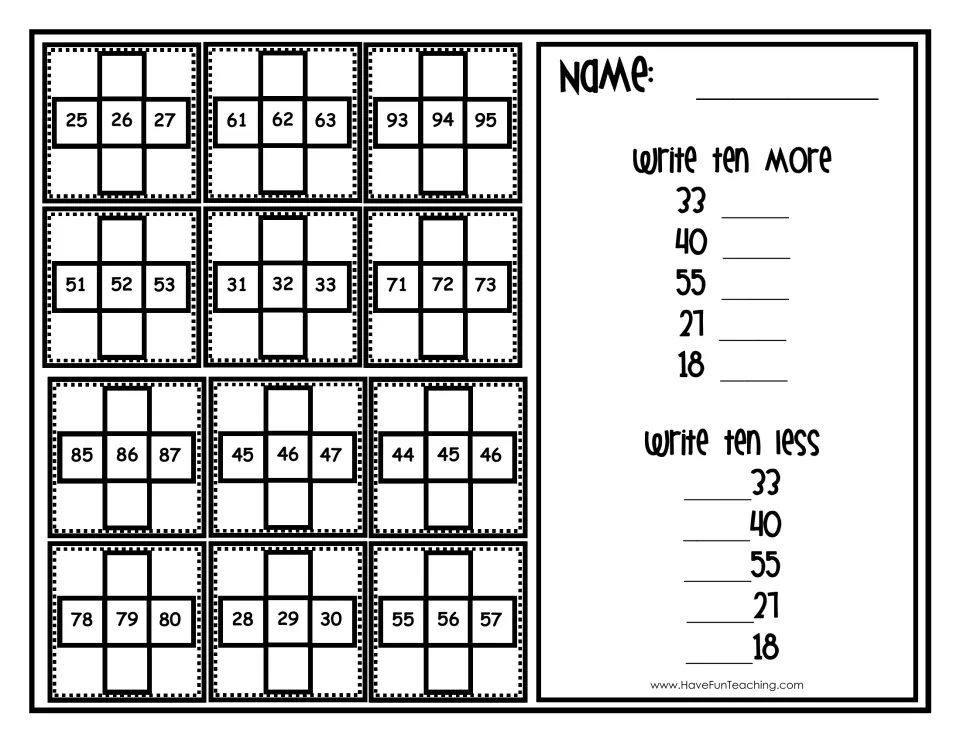 Recording sheet: students fill in 10 more/10 less for 12 cards, then write ten more and ten less for 33, 40, 55, 27 and 18