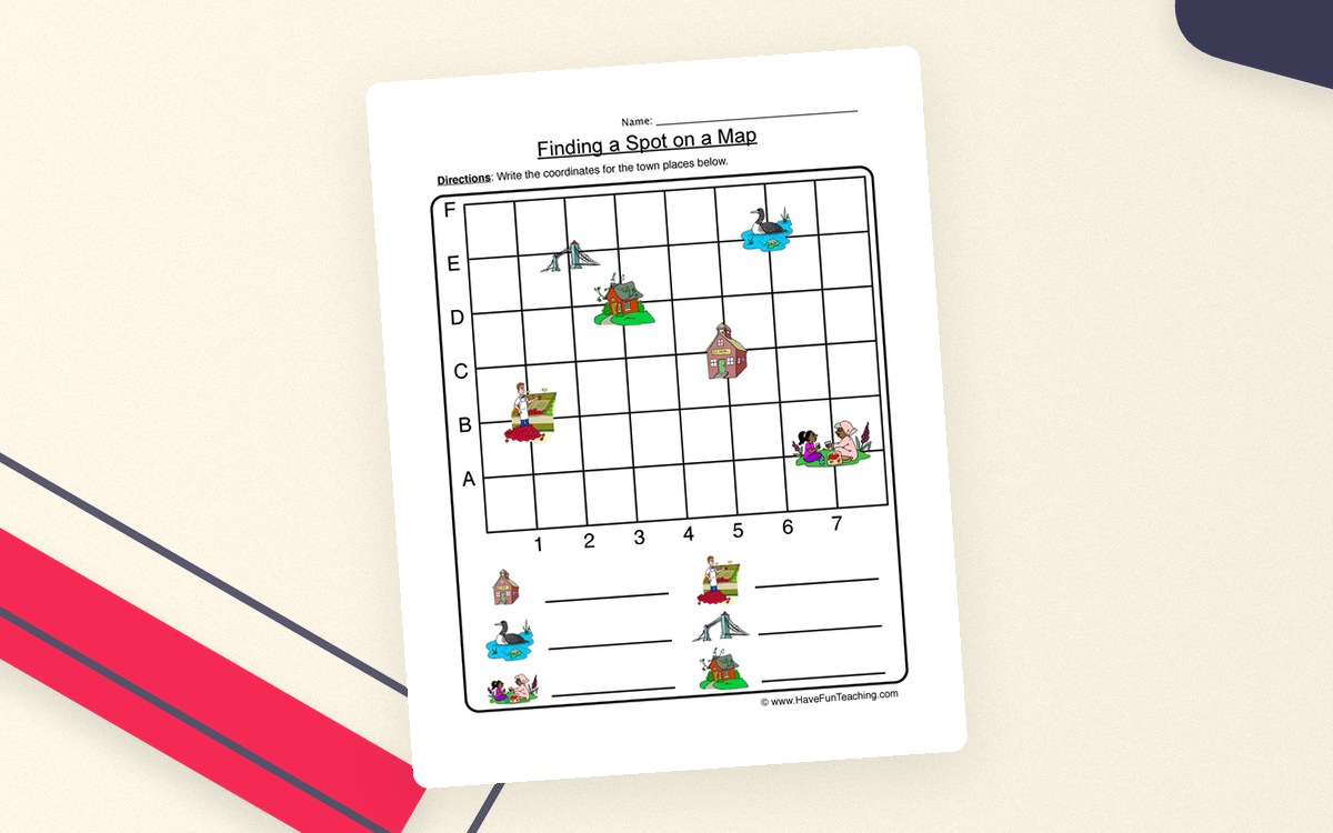 Finding a Spot on a Map Worksheet preview: Town map with coordinate grid