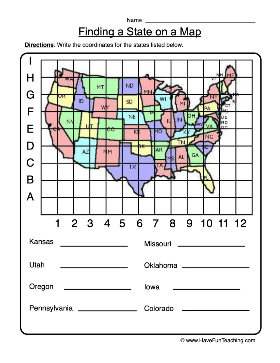 US map coordinates: students write the letter-number location of 8 states, such as Kansas, Utah, Oregon and Iowa