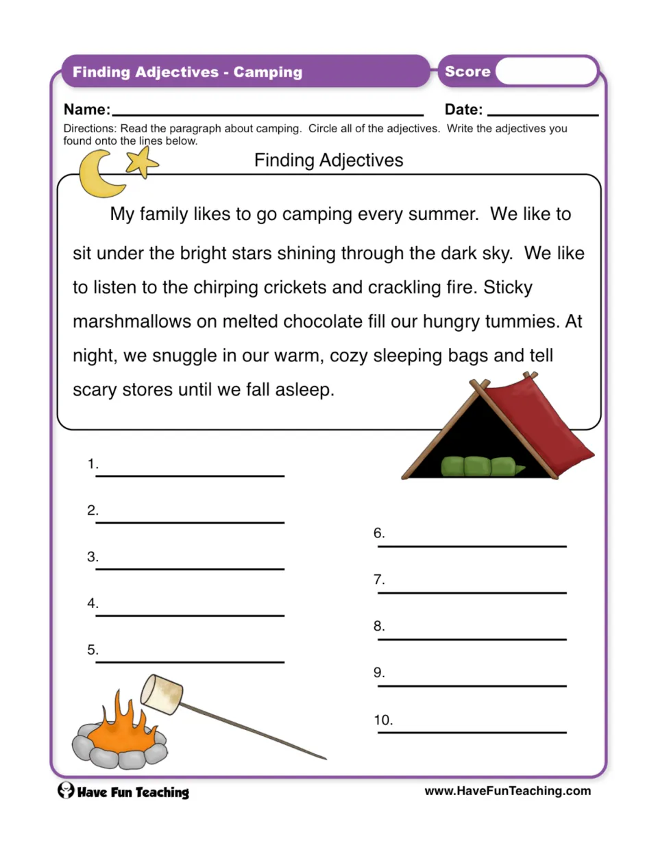 Camping adjective practice: read a paragraph about stars, crickets, and marshmallows, then find 10 adjectives.
