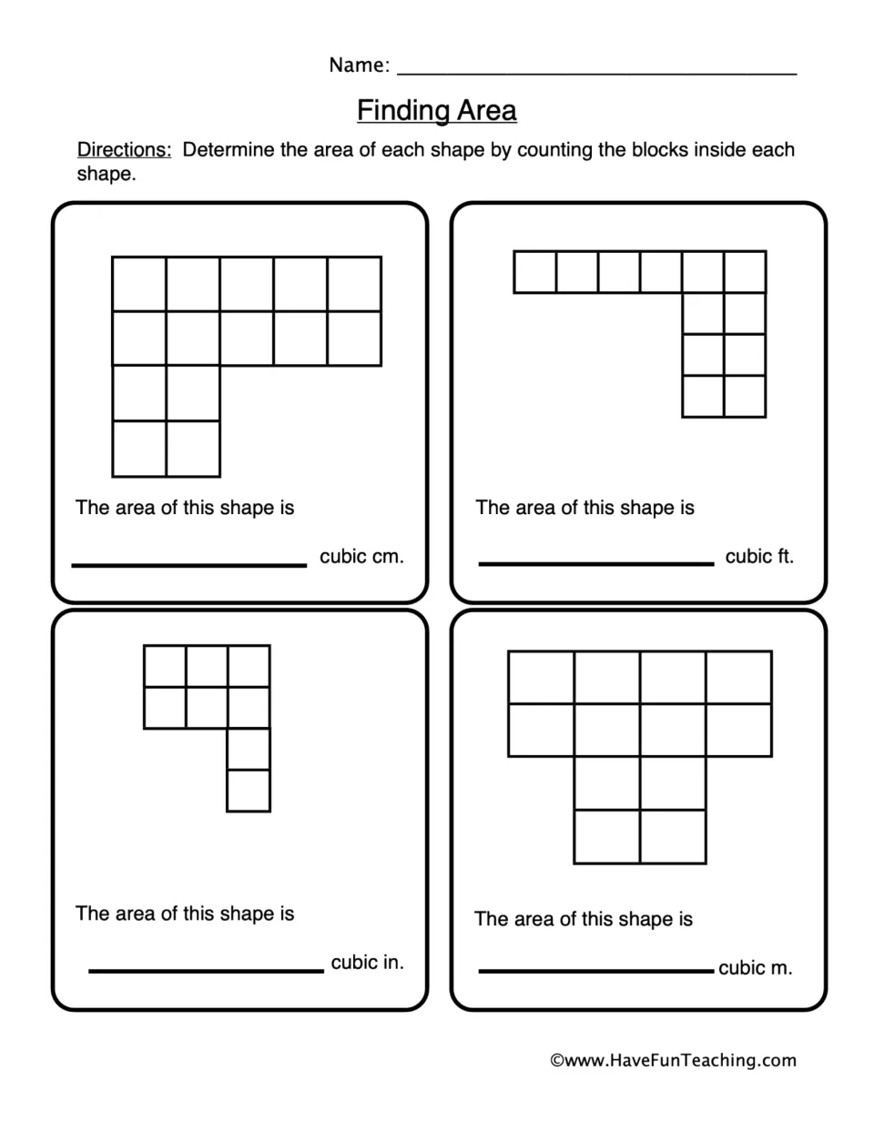 Finding Area: students count the unit squares inside four irregular block shapes and write each shape's area