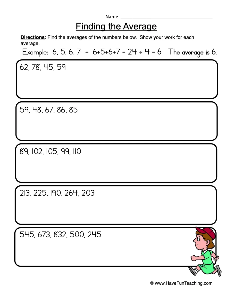 Average practice worksheet: five number sets, including 62, 78, 45, 59, plus a worked example using 6, 5, 6, 7.