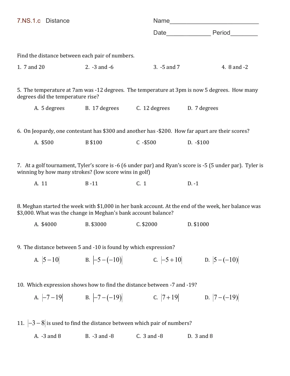 Integer distance practice problems 1–11: number pairs, real-world differences, and absolute value expressions.