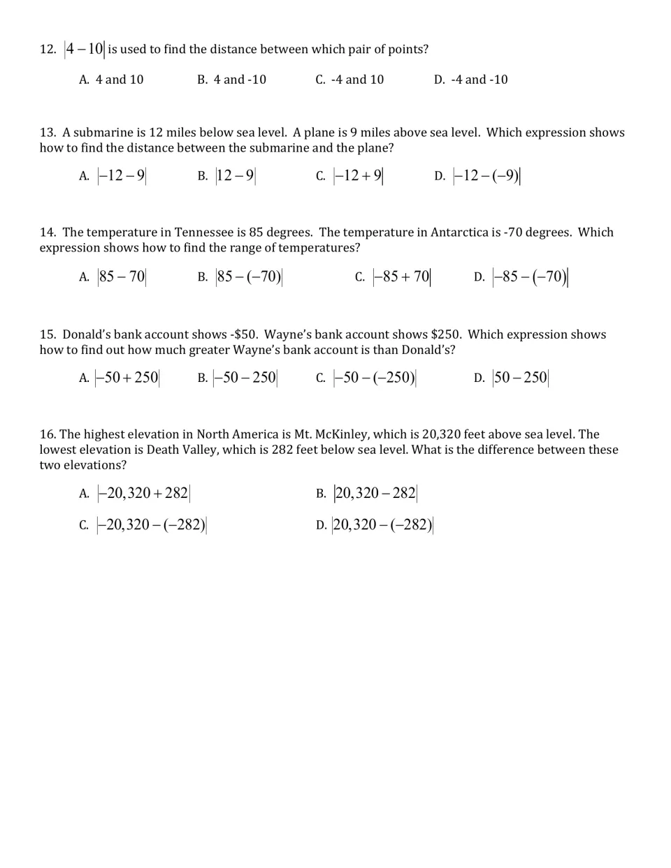 Integer distance practice problems 12–16: absolute value expressions for points, heights, money, and temperature.