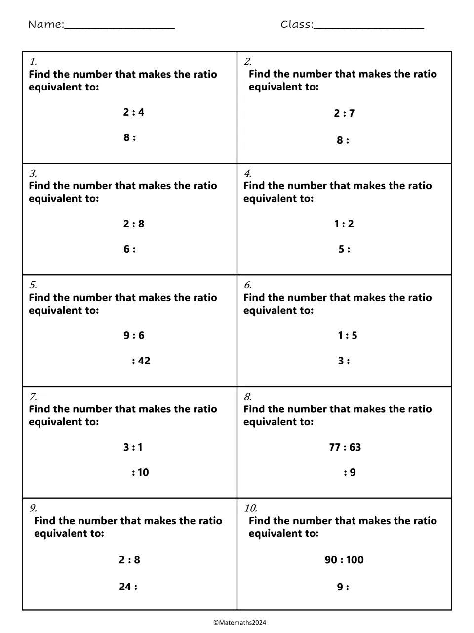 Equivalent ratios problems 1-10: students find the missing number in each pair, such as 2:4 = 8:? and 77:63 = ?:9
