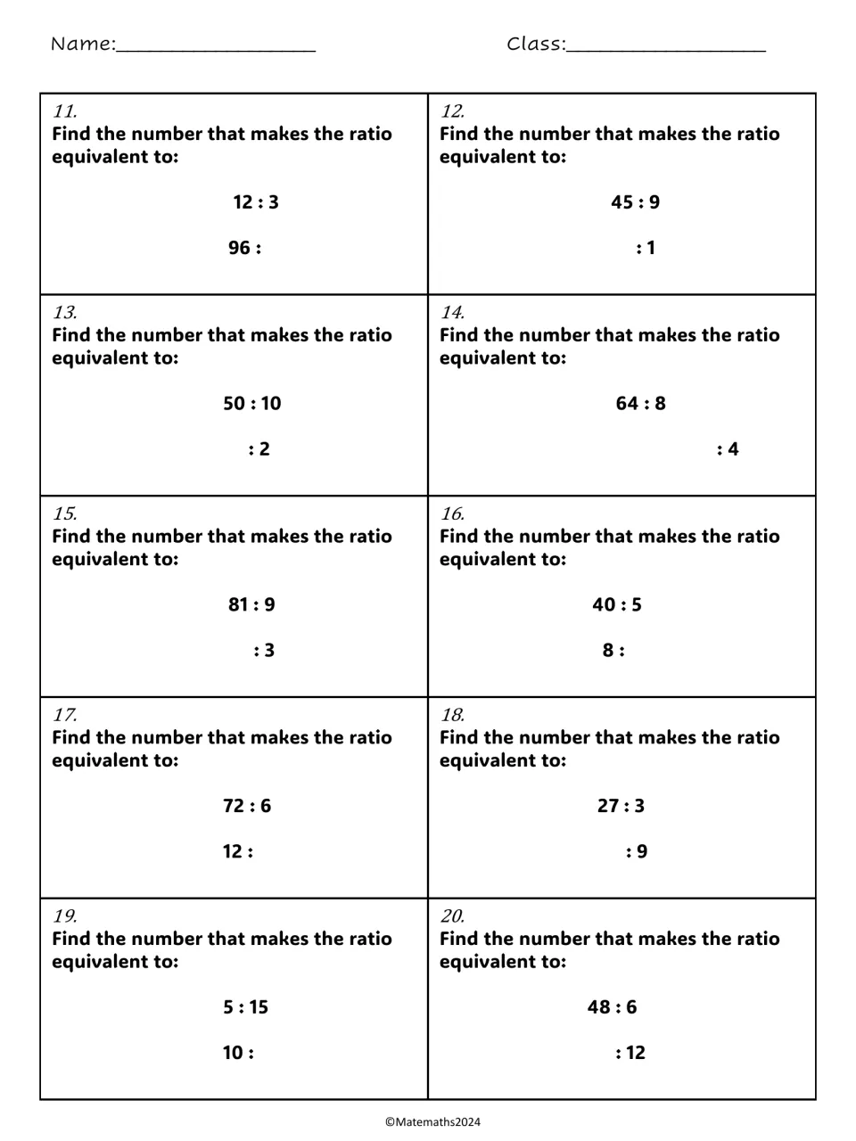 Equivalent ratios problems 11-20: students fill in the missing term, such as 12:3 = 96:?, 64:8 = ?:4 and 48:6 = ?:12