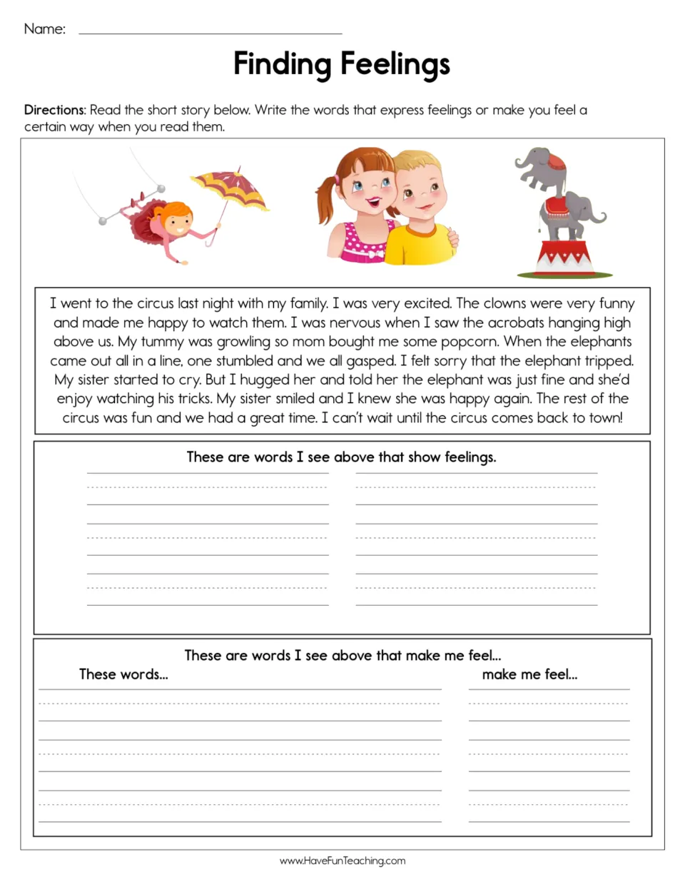 Finding feelings in a circus story: students read it, then write the feeling words and the words that make them feel