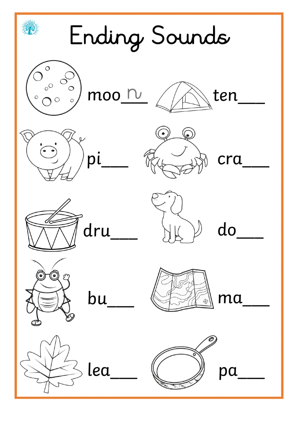 Ending sounds: students write the missing last letter for pictures like moon, tent, pig, crab, drum, dog, map and pan