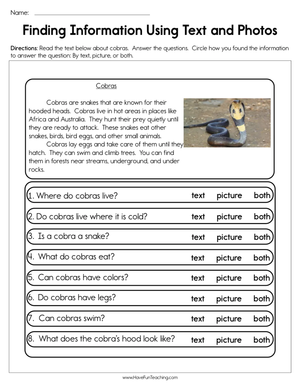 Cobra reading passage with photo: students answer 8 questions and circle whether the text, picture or both gave the answer