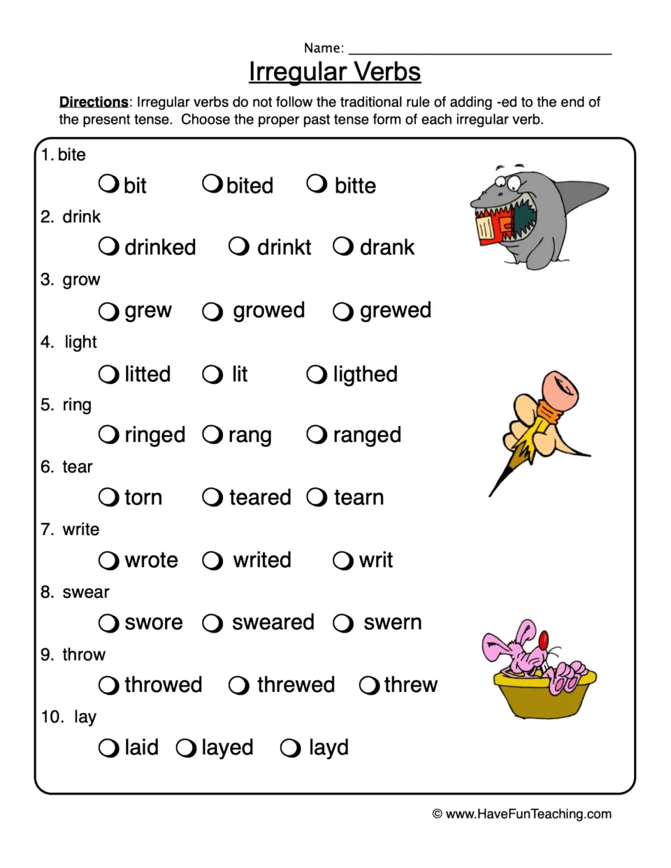Irregular verbs: students choose the correct past tense of 10 verbs such as bite, drink, grow and throw from three options