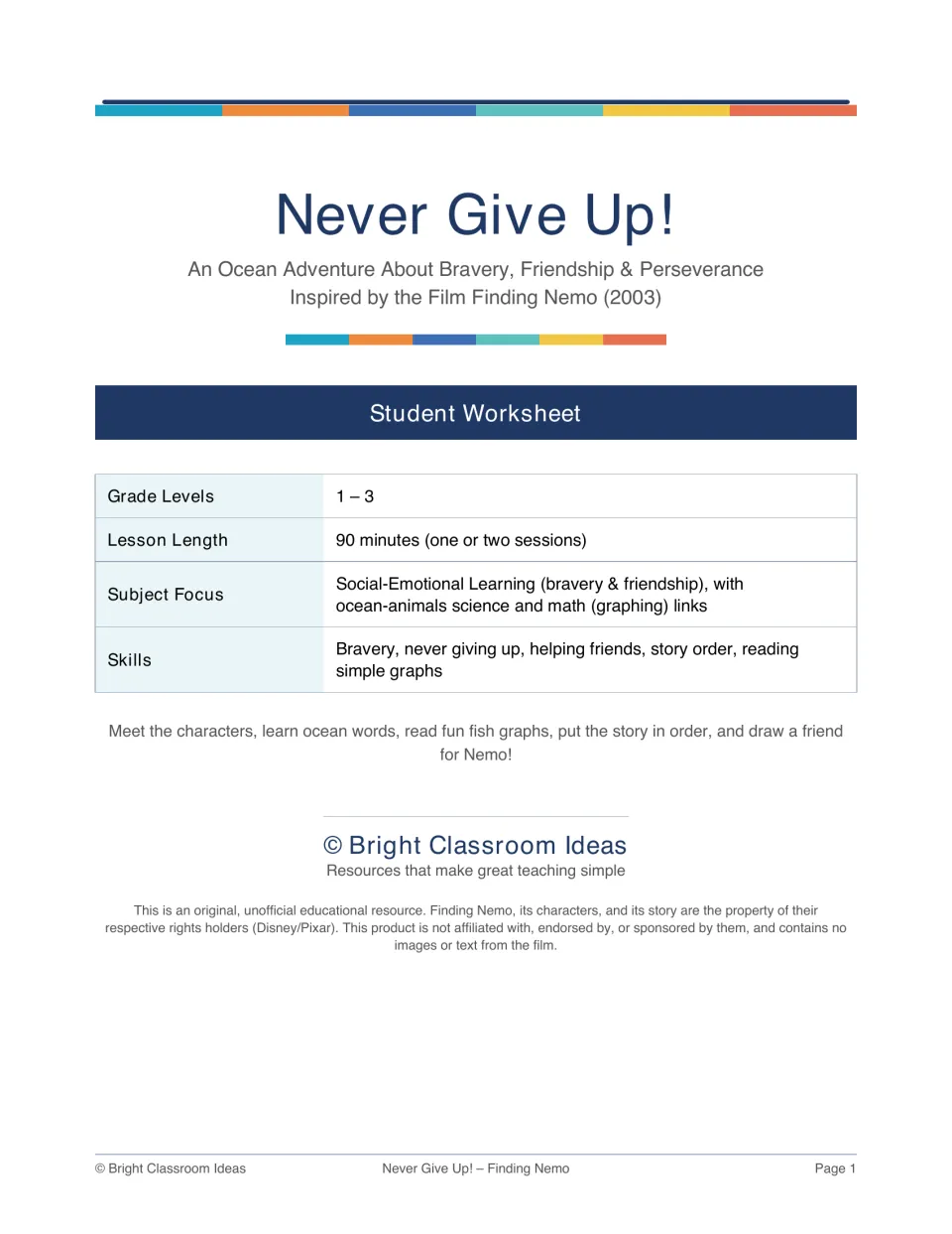 Never Give Up! cover for a Finding Nemo student worksheet on bravery and friendship, listing lesson length and skills