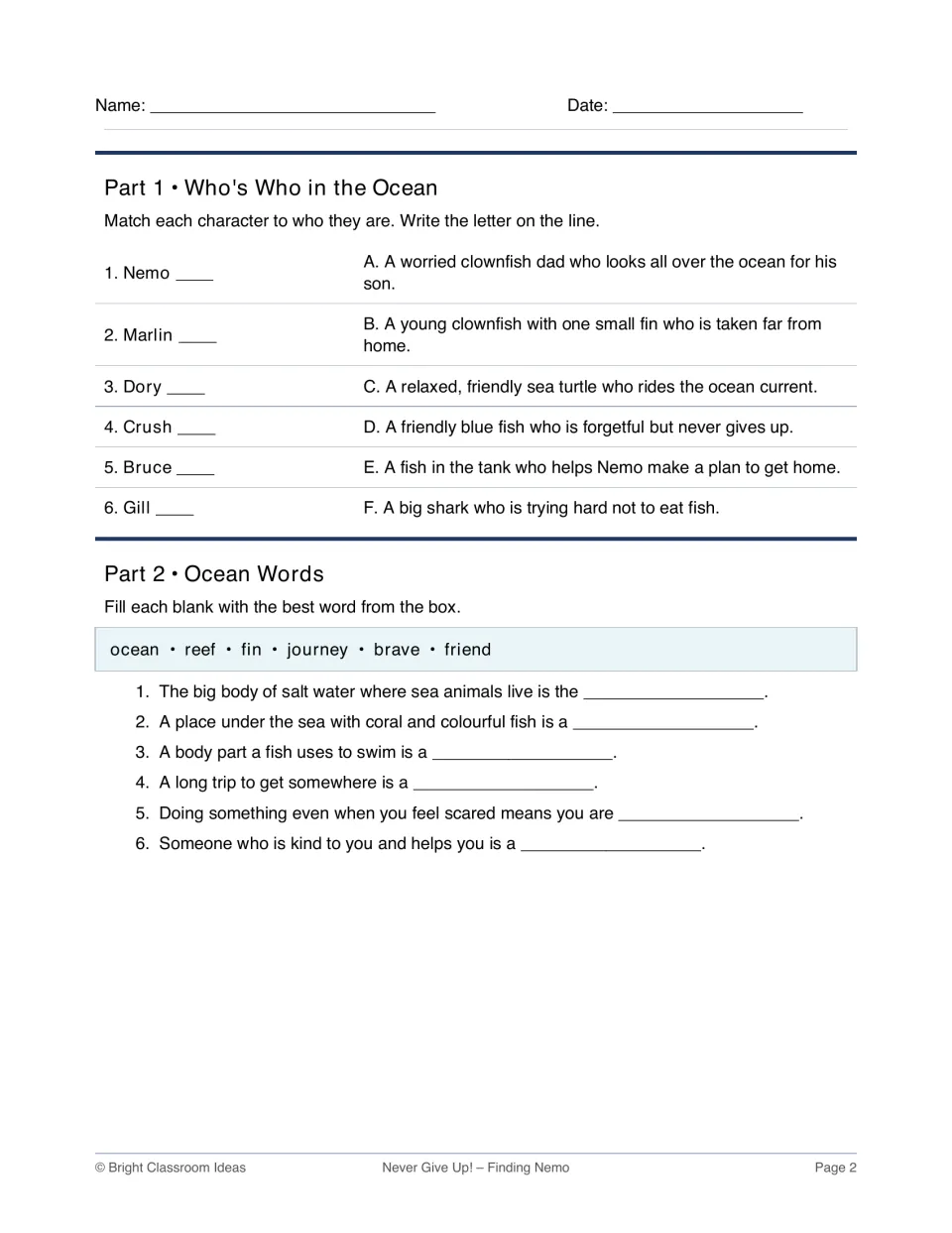 Finding Nemo characters and ocean words: students match six characters to descriptions and fill blanks from a word bank