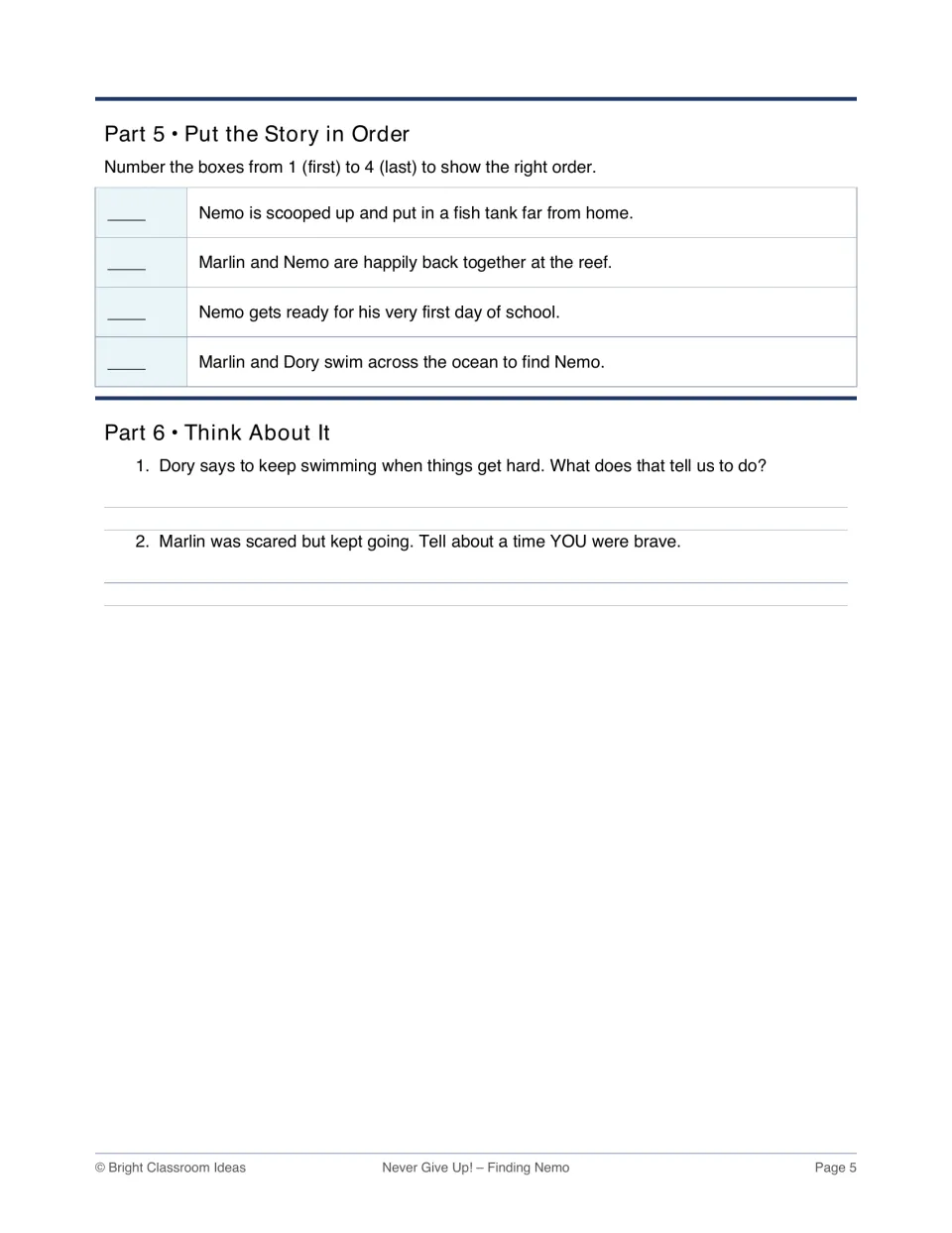 Story sequencing: students number four Nemo plot events 1 to 4, then write about Dory's keep-swimming advice and bravery