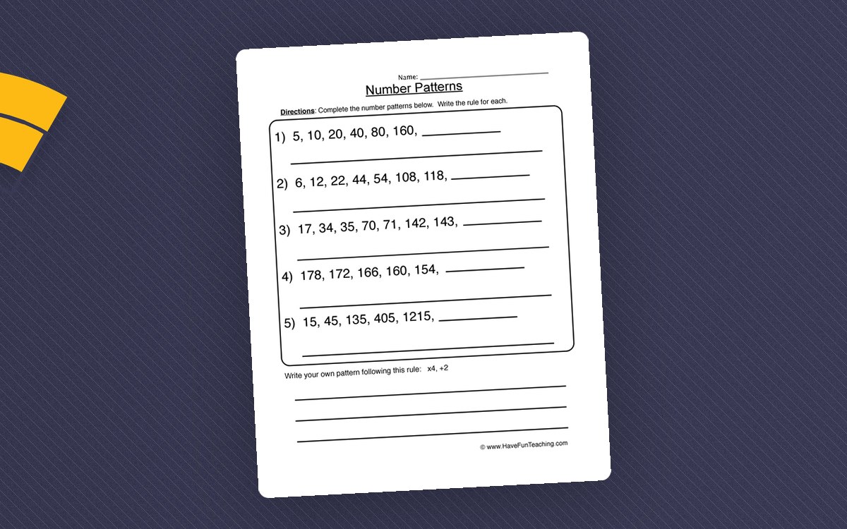 Finding Number Patterns Worksheet preview: Five number sequences to extend and explain