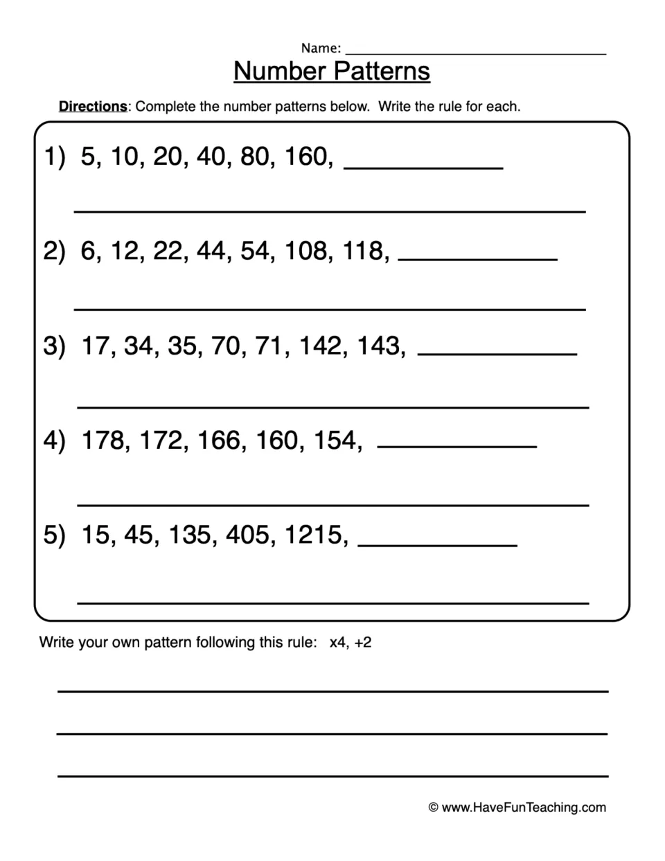 Number patterns: students extend 5 sequences, write each rule, then create their own pattern using the rule x4, +2