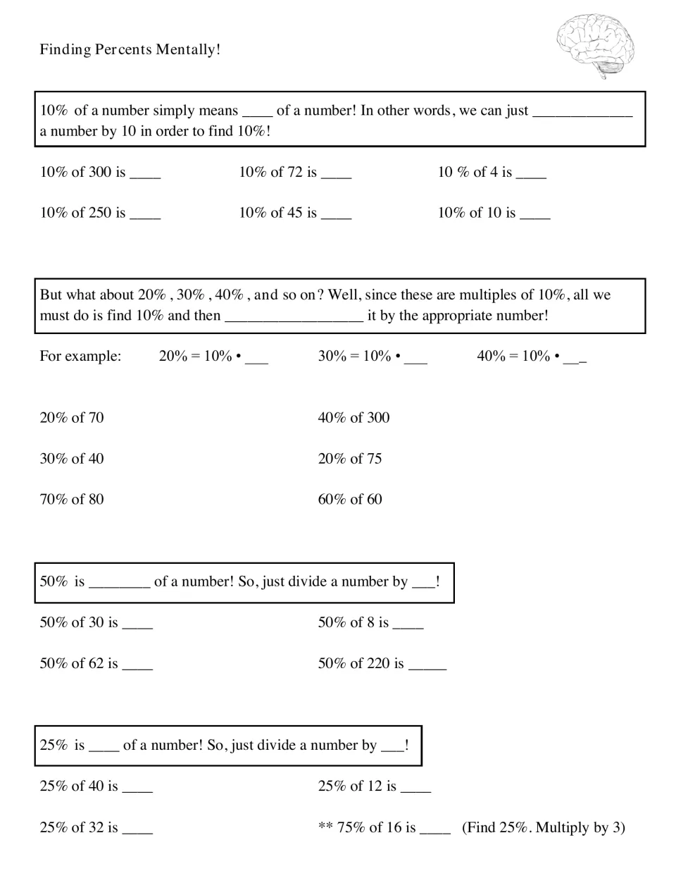 Mental percents: students fill in the 10%, 50% and 25% rules, then find 10%, 20% to 70%, 50% and 25% of numbers