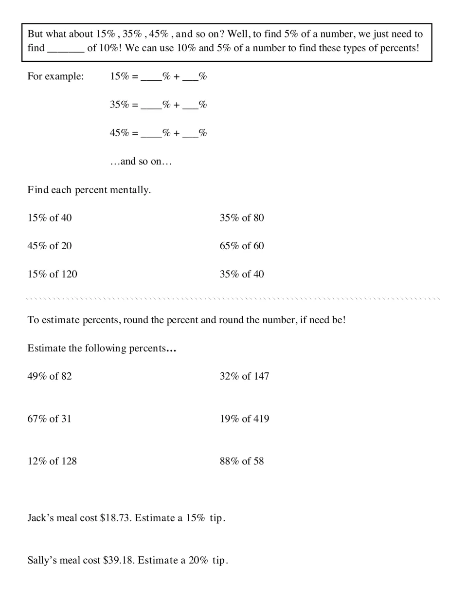 Percents using 10% plus 5%: students find 15%, 35%, 45% and 65% of numbers, round to estimate percents and two meal tips