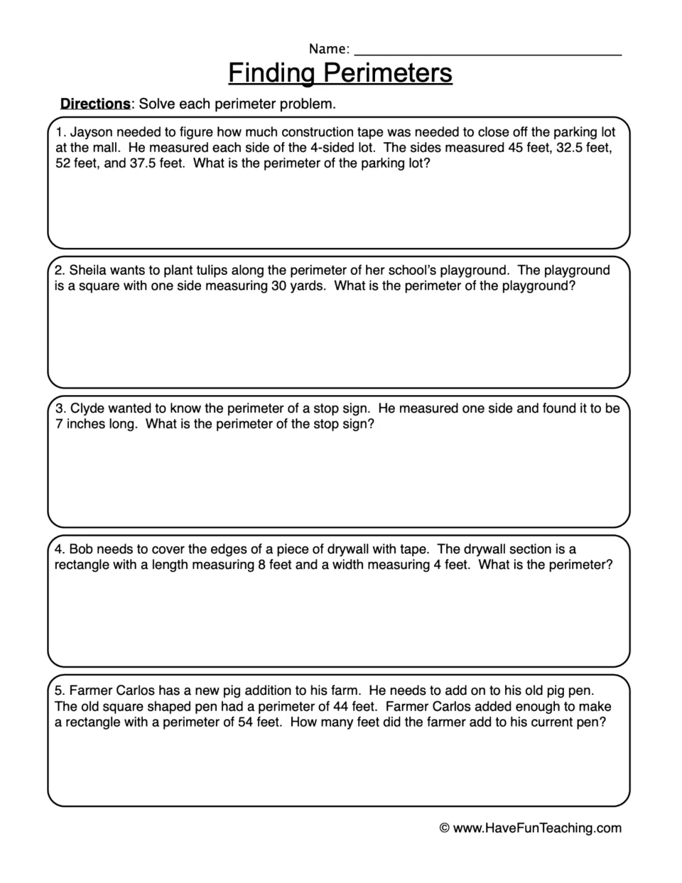 Finding perimeters: students solve 5 word problems about a parking lot, square playground, stop sign, drywall and pig pen