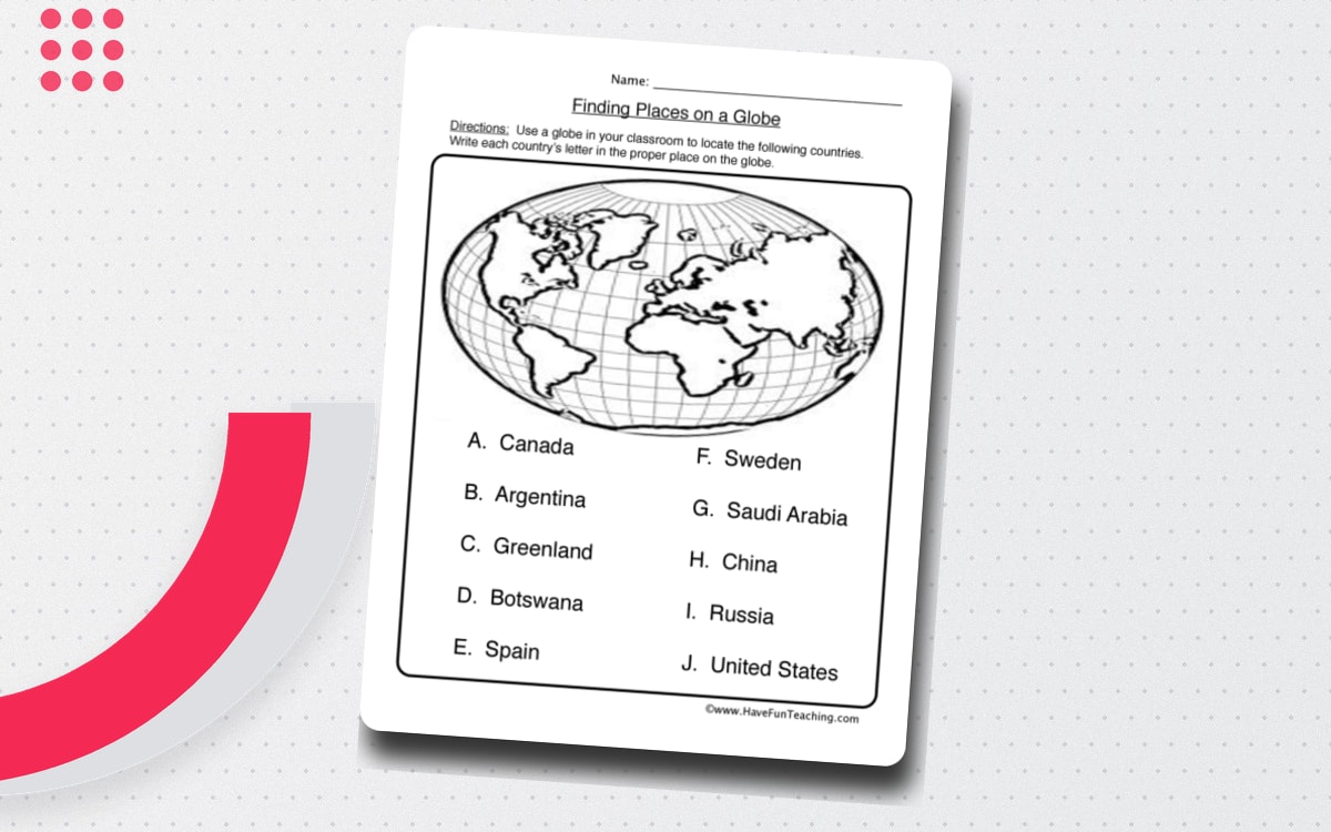 Finding Places on a Globe Worksheet preview: Country list with assigned letters