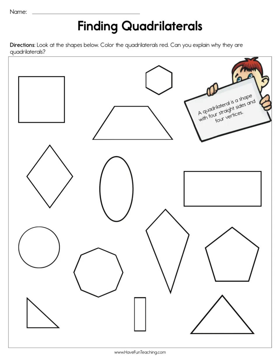 Identifying quadrilaterals: students color the four-sided shapes red among 13 mixed shapes and explain why they qualify