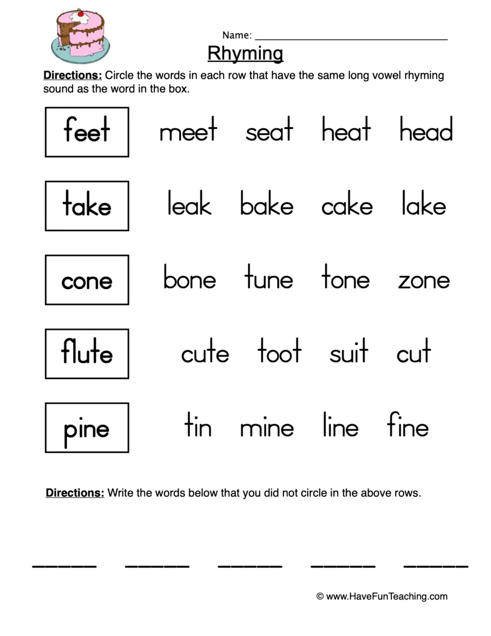 Rhyming practice: circle words that rhyme with feet, take, cone, flute, and pine, then write unmatched words.