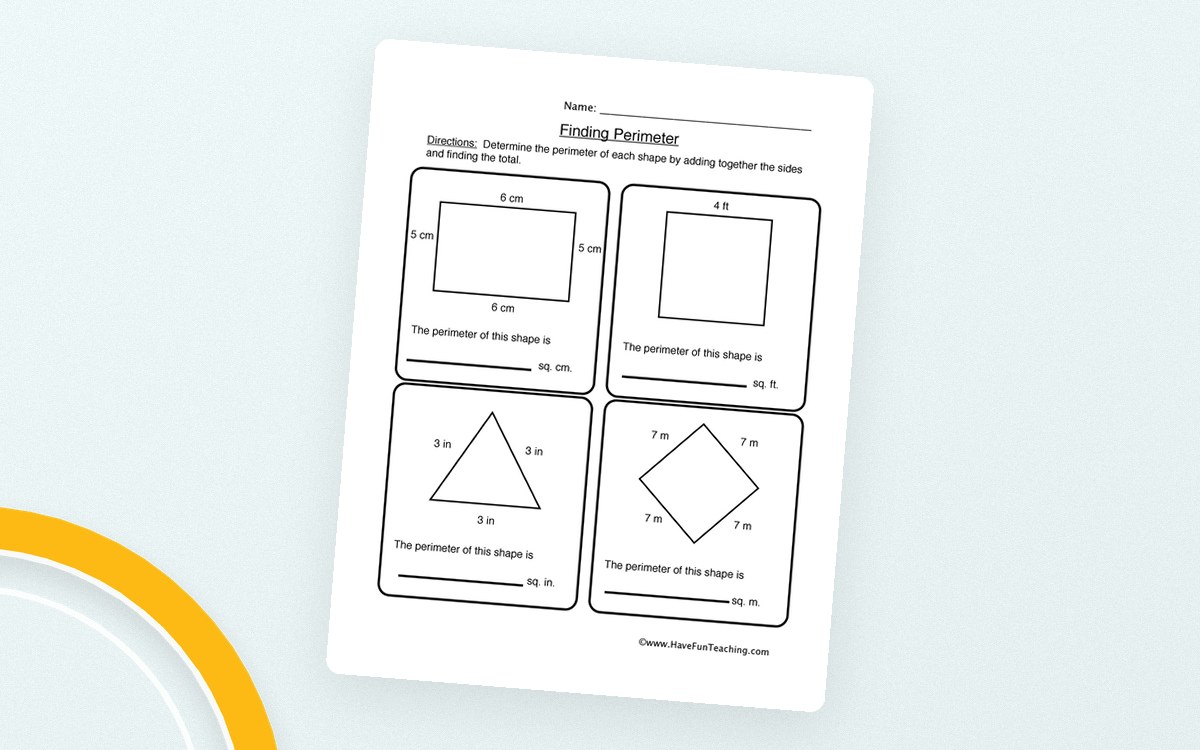 Finding Shape Perimeter Worksheet preview: Four polygons with labeled side lengths