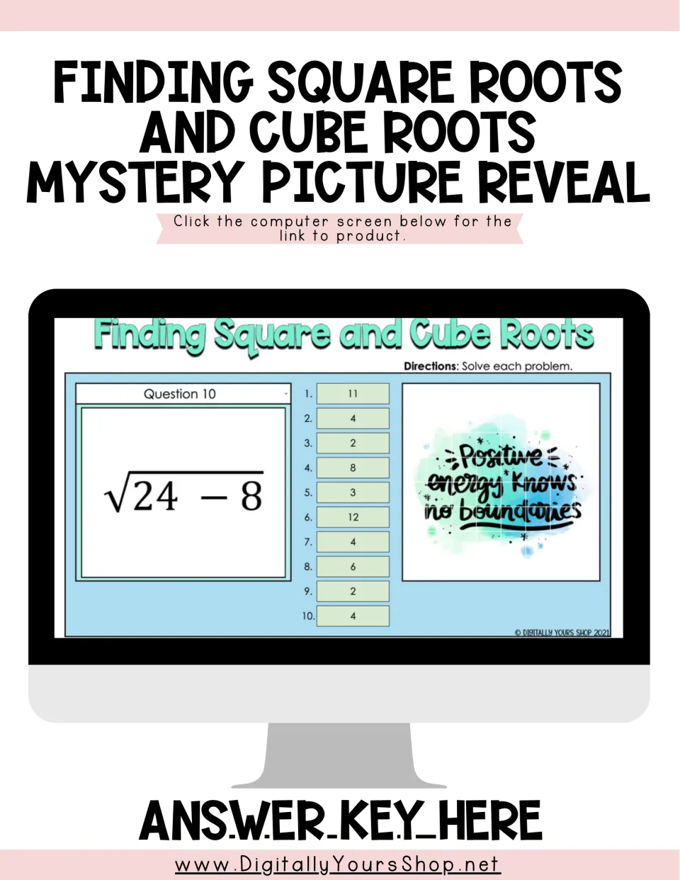 Activity access page for square and cube roots, showing a 10-question picture reveal and an answer key link.