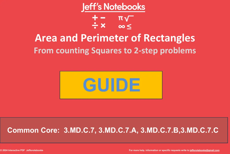 Area and perimeter of rectangles guide cover: from counting squares to 2-step problems, listing Common Core 3.MD.C.7 codes