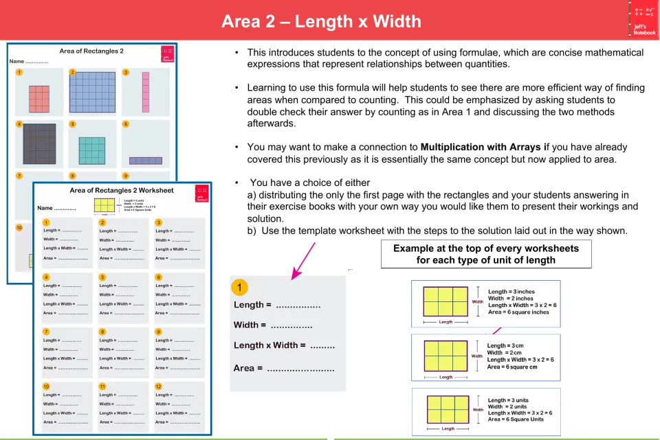 Area 2, length x width: students find area with the formula on gridded rectangles, using a fill-in template of steps