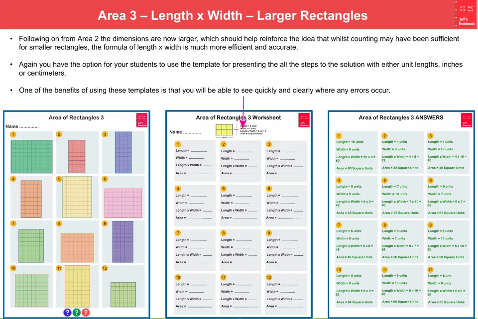 Area 3, larger rectangles: students apply length x width to bigger gridded shapes, shown with template and answers