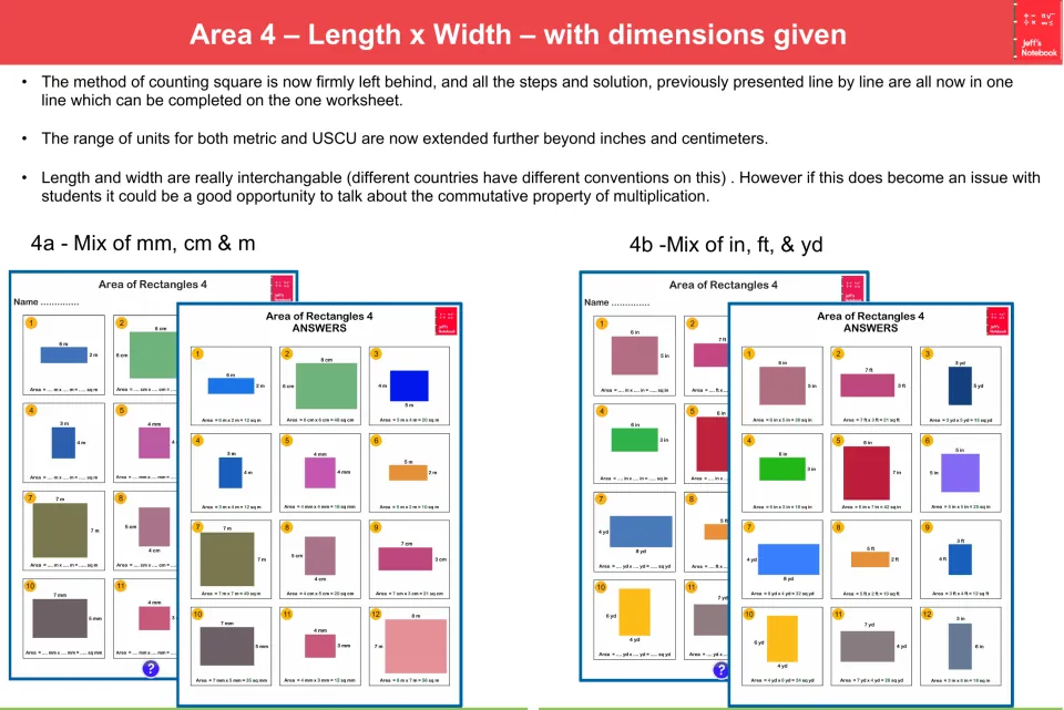 Area 4, dimensions given: students multiply length by width with mm, cm and m or in, ft and yd; answer pages shown