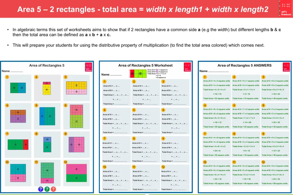 Area 5, two joined rectangles: students add width x length1 and width x length2 for total area; sheets and answers