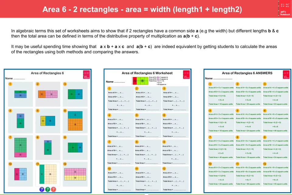 Area 6, distributive property: students find total area of two rectangles as width (length1 + length2), with answers